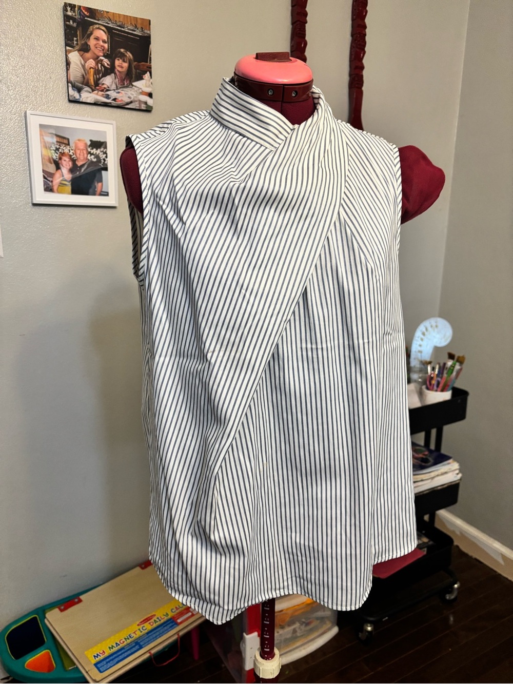 Cider White Sleeveless Pinstripe Wrap-Front Blouse